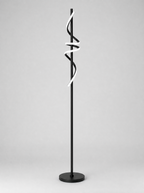 Black twisted ribbon LED floor lamp on a light gray studio background