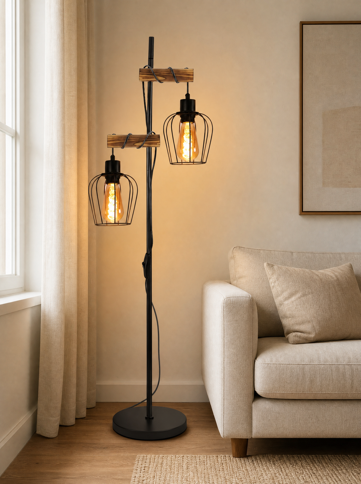Wood arm cage floor lamp lit beside a linen sofa in a living room