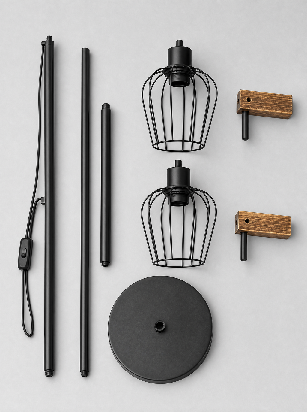 What is in the box for the wood arm floor lamp, pole sections, base, cage shades and wood arms