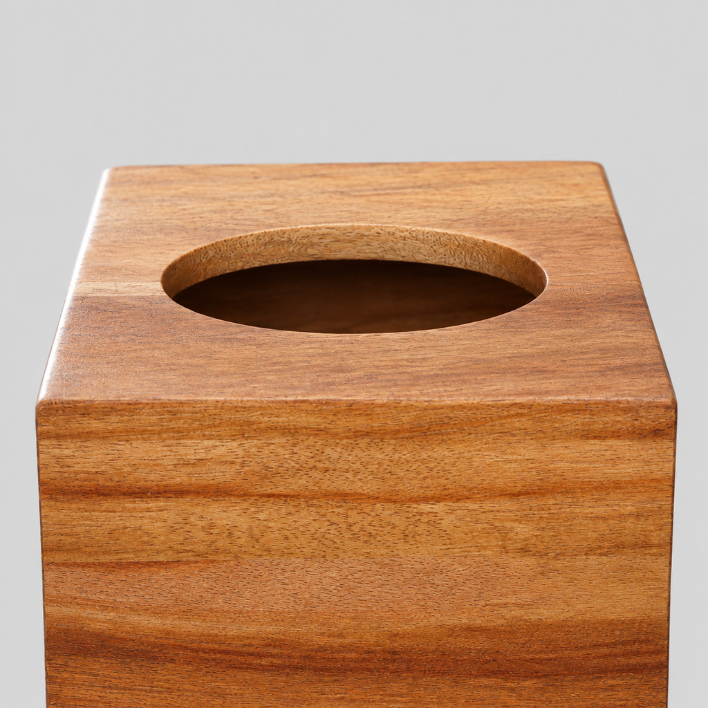 Close up of the smooth oval cutout rim of the square wooden tissue box cover in Acacia Wood