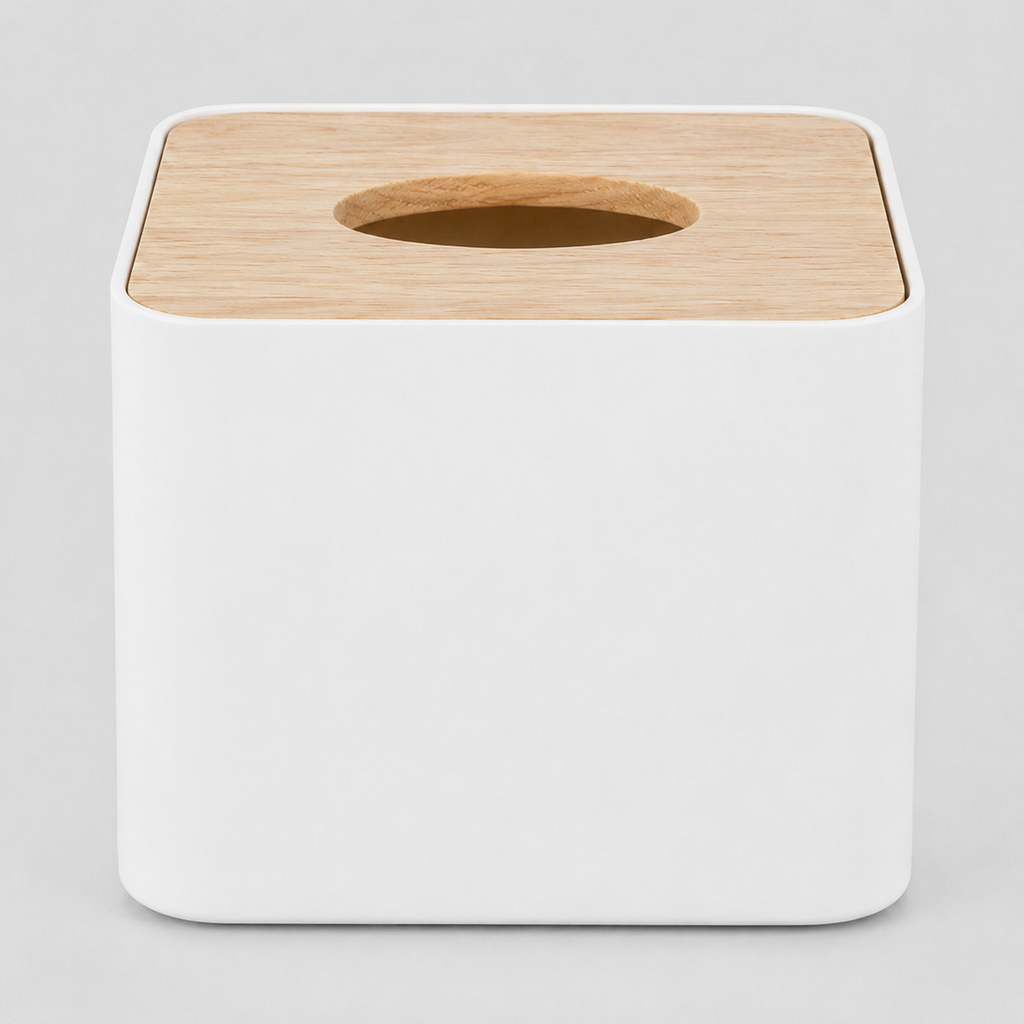 Square tissue box cover in Matte White on a light gray studio background.