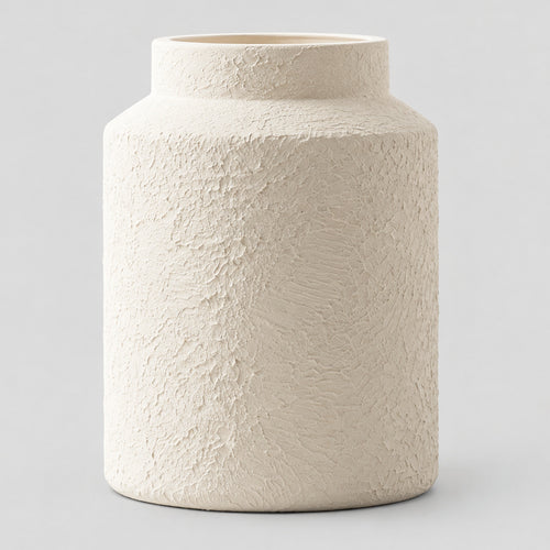 Textured White ceramic jar vase on a light gray studio background.