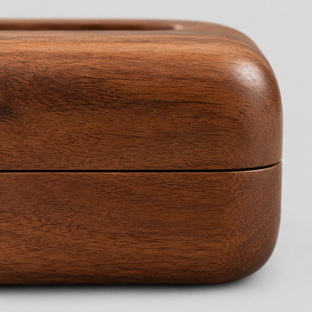 Close up of the horizontal seam between the top and bottom wooden sections of the rounded wooden tissue box cover