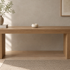 Travertine stone candle holder on an oak console table in a calm room.