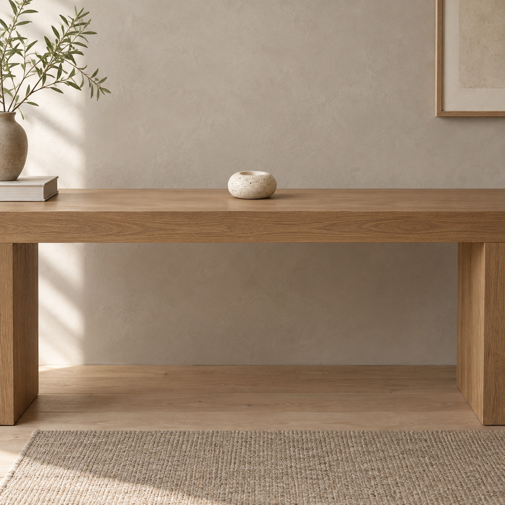 Travertine stone candle holder on an oak console table in a calm room.