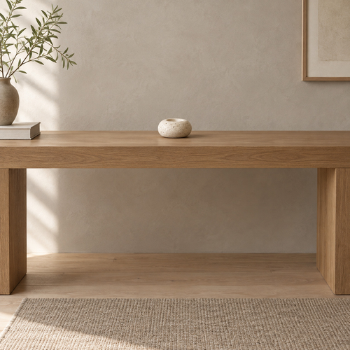 Travertine stone candle holder on an oak console table in a calm room.