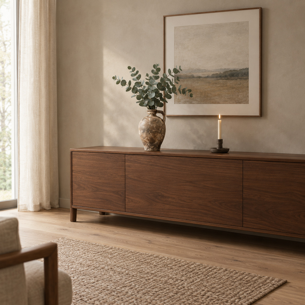 Rustic weathered ceramic vase on a walnut sideboard with a bunch of eucalyptus in the vase.