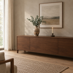 Rustic weathered ceramic vase on a walnut sideboard with a bunch of eucalyptus in the vase.