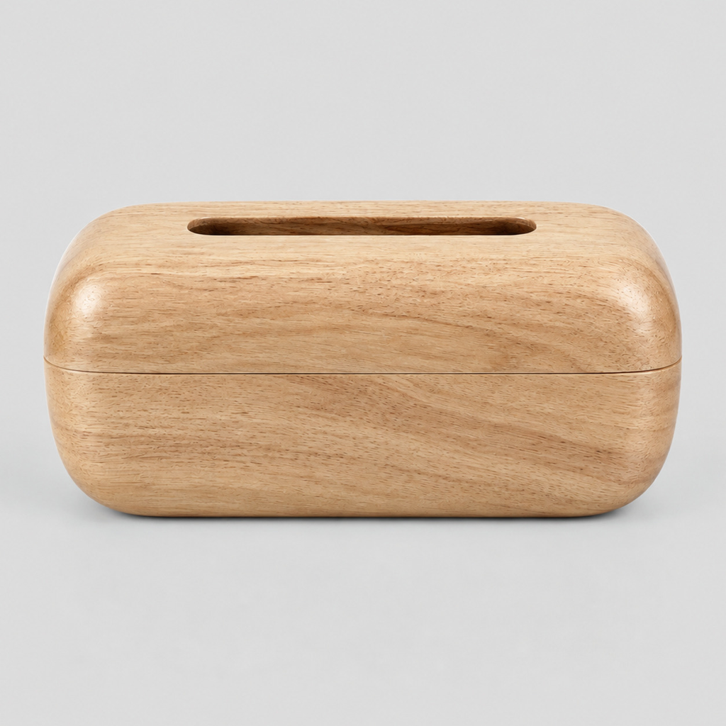 Curved solid wood tissue box cover in Natural on a light neutral gray studio background.