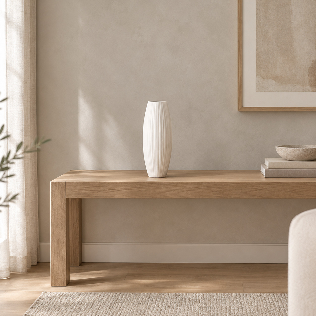Matte white ribbed ceramic vase on an oak console table in a calm room