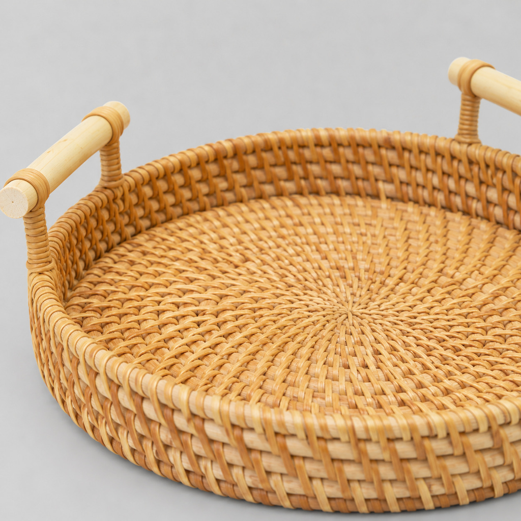 Close up of the weave of the rattan base of the round woven rattan serving tray.
