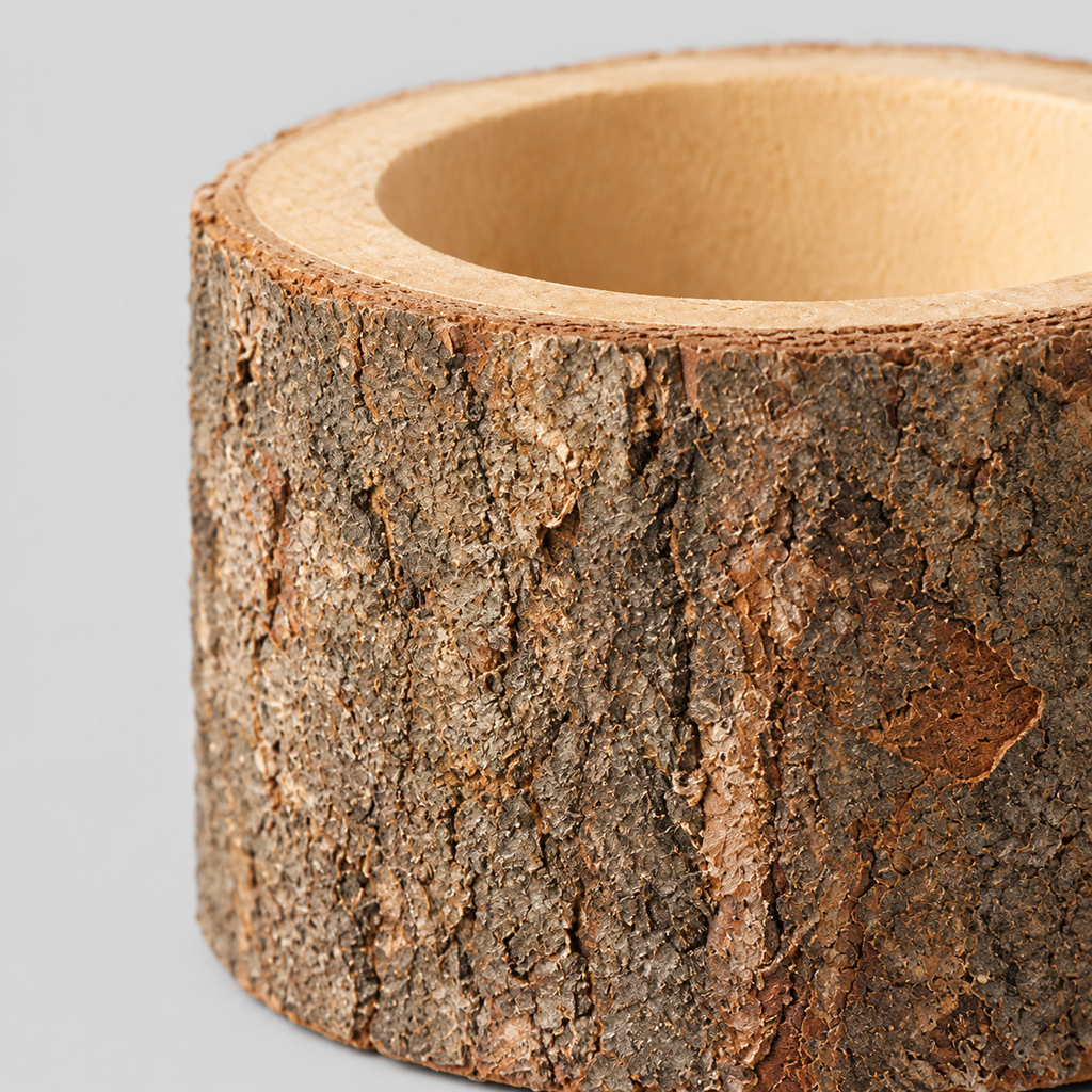 Close up of the rough tree bark surface texture of the natural bark stump candle holder.