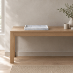 Cloud White rectangular marble vanity tray on an oak console table in a calm room.