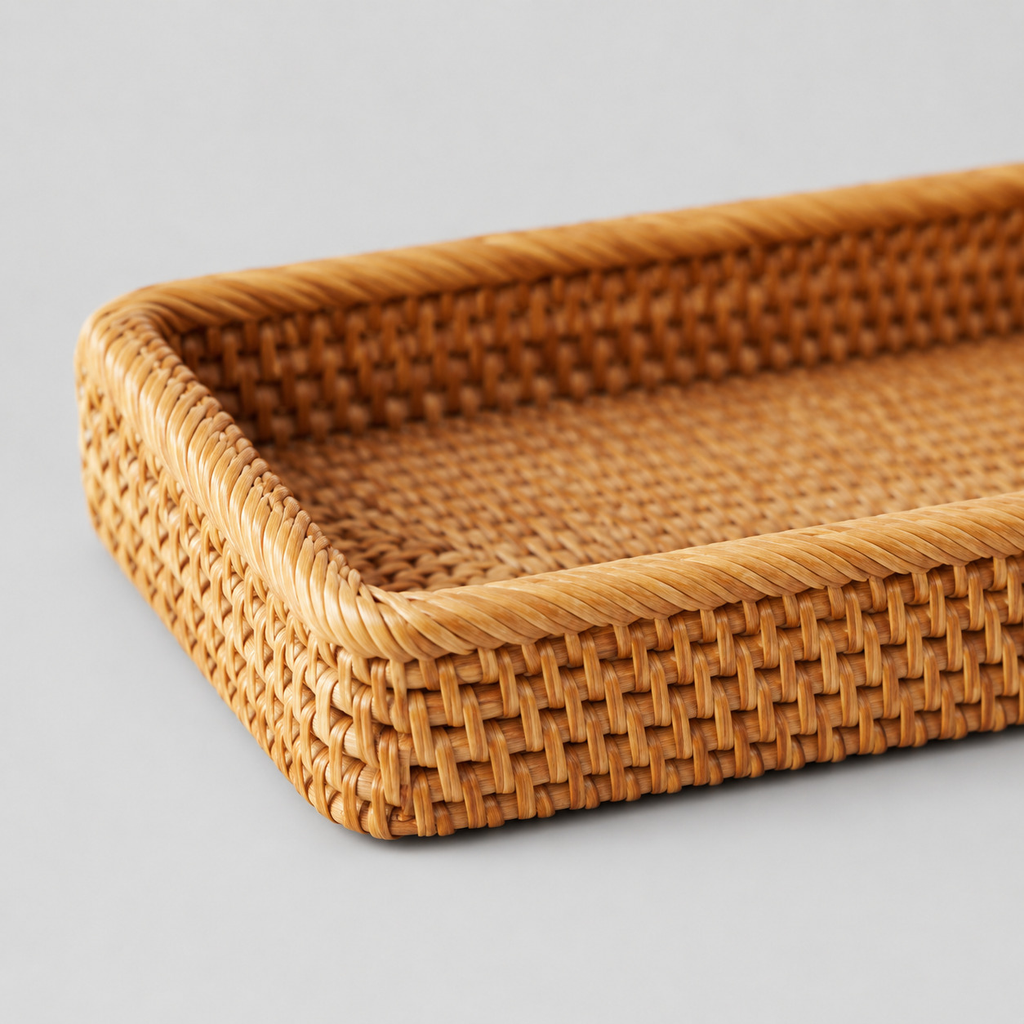 Close up of the thick braided rim on the natural rattan tray.