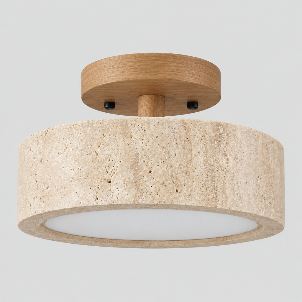 Travertine drum flush mount ceiling light in Natural Wood on a light gray studio background