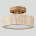 Travertine drum flush mount ceiling light in Natural Wood on a light gray studio background