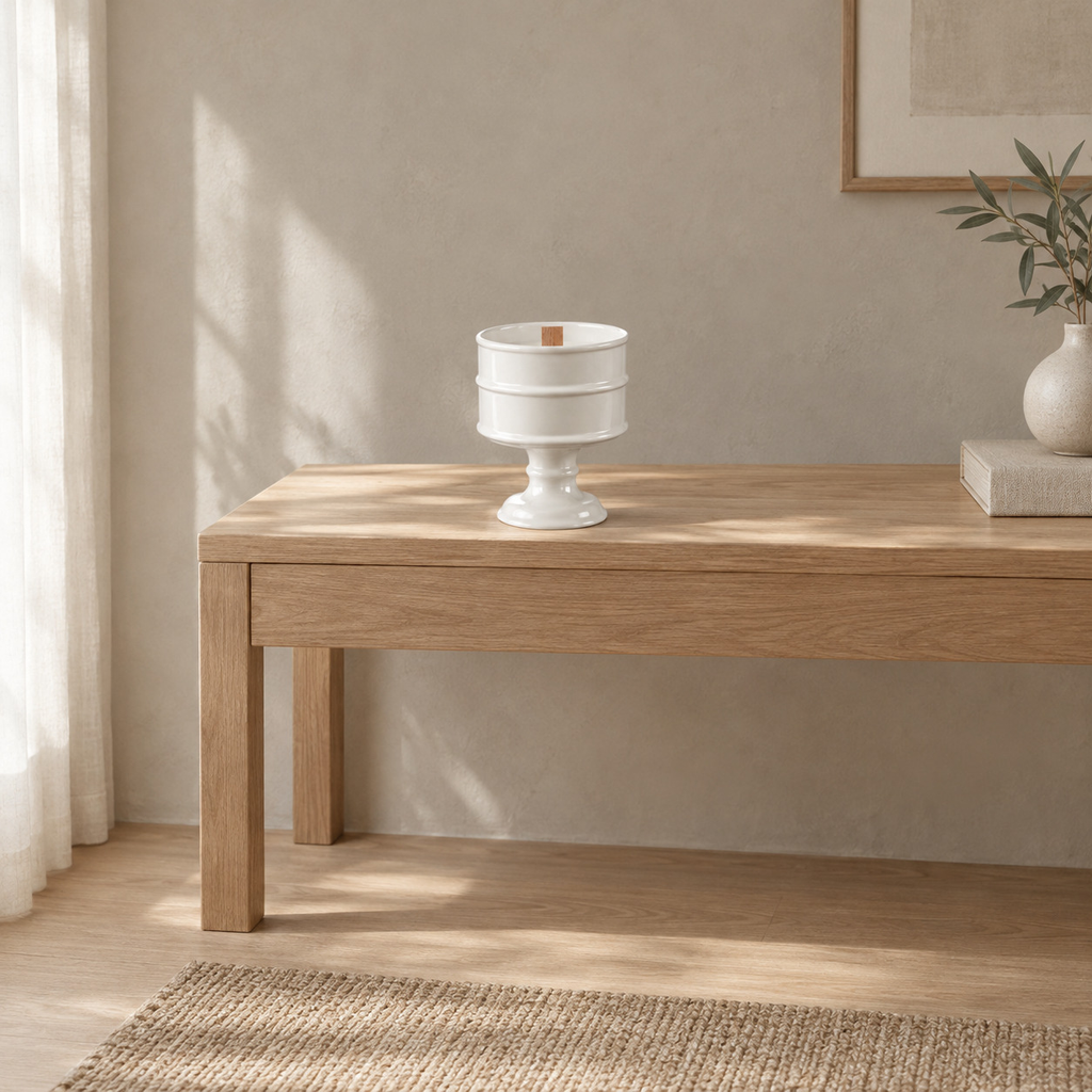 Glossy White ceramic pedestal candle vessel on an oak console table in a calm room.