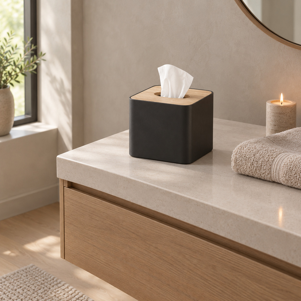 Square tissue box cover in Matte Black on a 90 cm wide bathroom vanity beside a folded towel with a white paper tissue emerging from the lid opening.