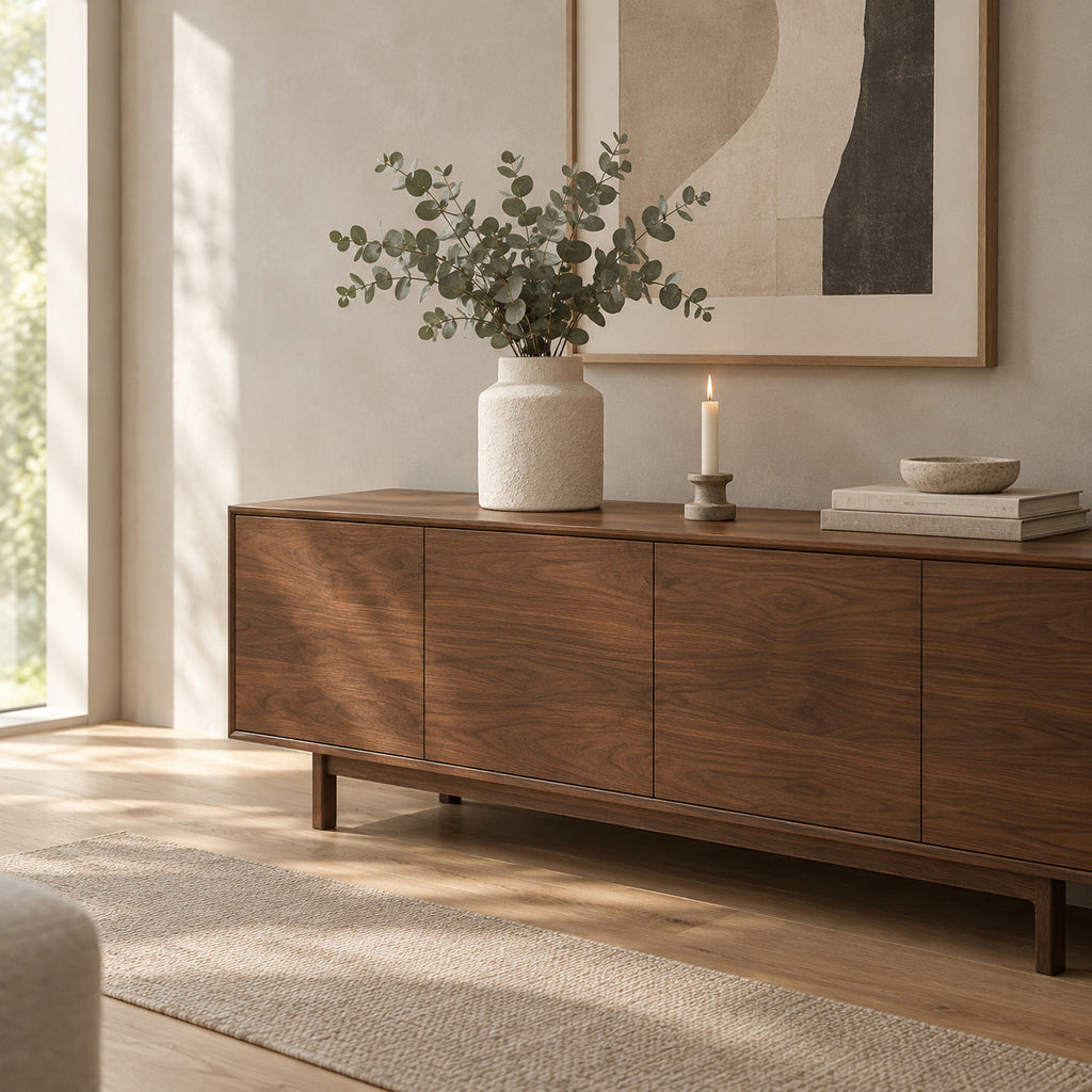 Textured White ceramic jar vase on a 160 cm wide walnut sideboard beneath a framed print with a bunch of eucalyptus in the vase.