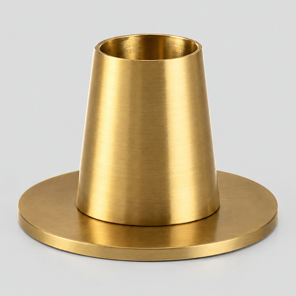Brushed brass taper candle holder on a light gray studio background.