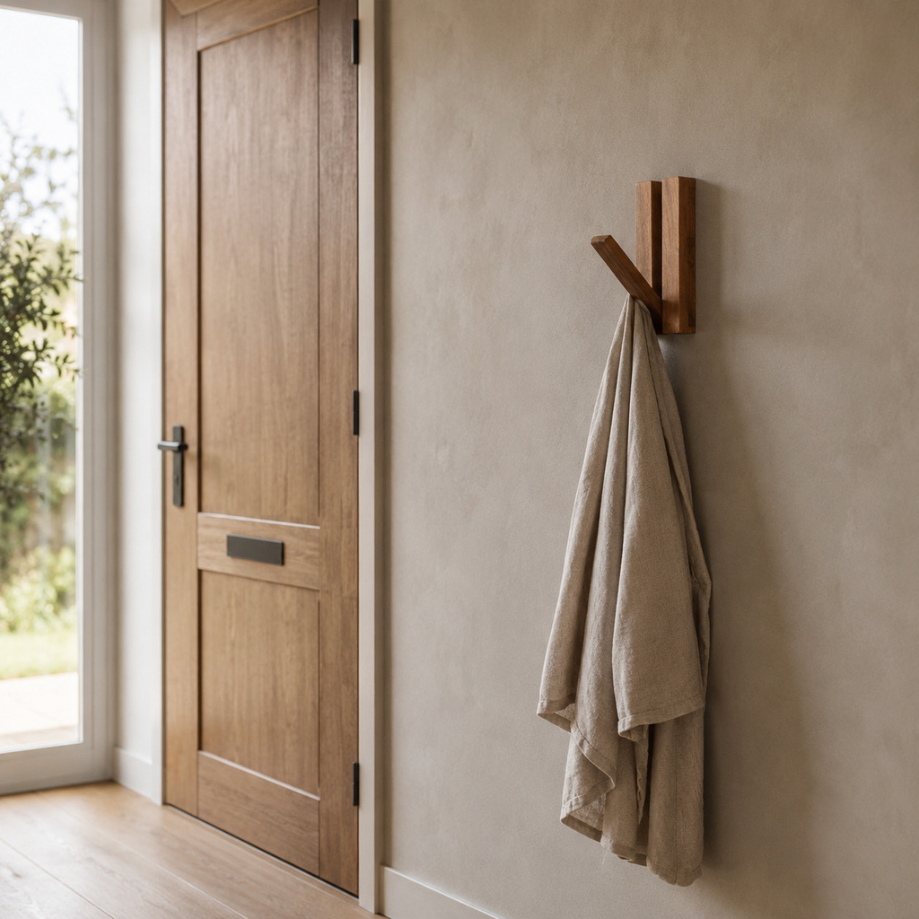 Natural Acacia fold-down wooden coat hook mounted on the plaster wall of an entryway beside a 90 cm wide front door with one linen coat on the hook