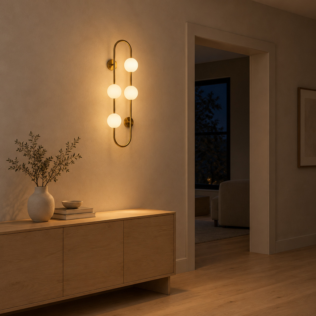 Brass pill-frame frosted globe wall sconce lit in the evening beside an 80 cm wide doorway, the only light in the room.