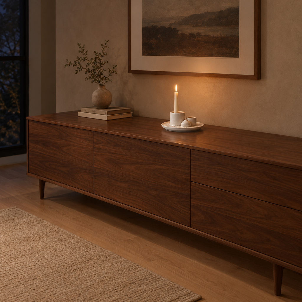 White ceramic incense and candle tray on a walnut sideboard with one lit taper candle in the holder