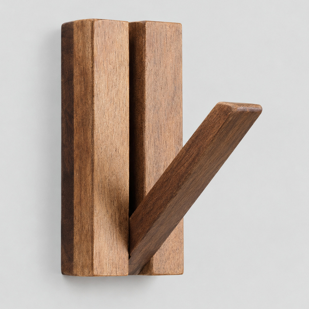 Natural Acacia fold-down wooden coat hook on a light gray studio background