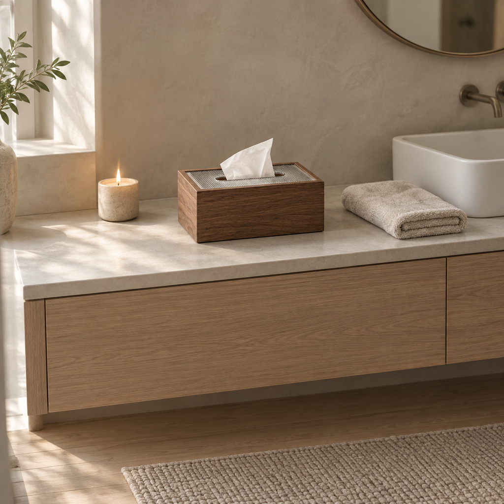 Rectangular wooden tissue box cover in Fluted Clear on a 90 cm wide bathroom vanity beside a folded towel.