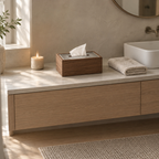 Rectangular wooden tissue box cover in Fluted Clear on a 90 cm wide bathroom vanity beside a folded towel.