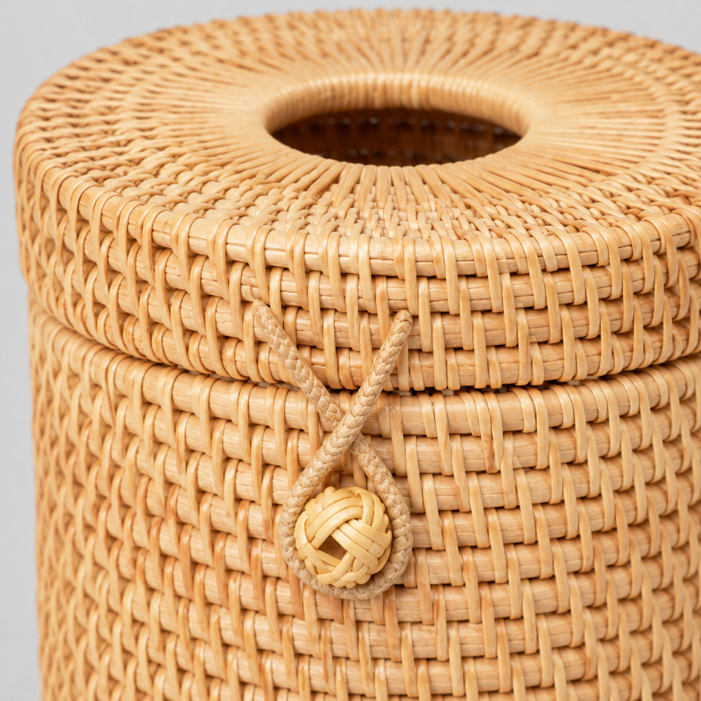 Close up of the woven button knob and cord loop closure of the Natural Rattan tissue box cover