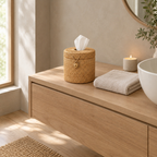 Natural Rattan woven rattan cylindrical tissue box cover on a 90 cm wide bathroom vanity beside a folded towel with a single white tissue pulled through the top opening