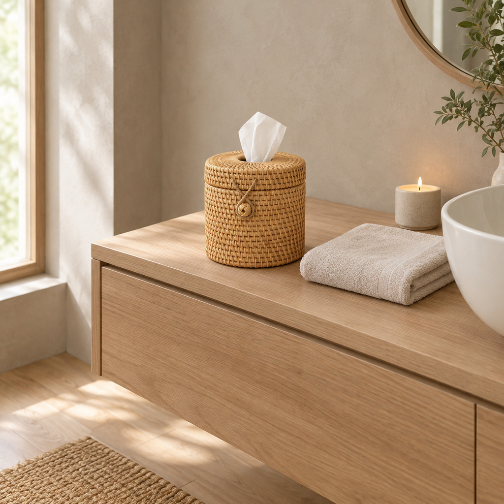 Natural Rattan woven rattan cylindrical tissue box cover on a 90 cm wide bathroom vanity beside a folded towel with a single white tissue pulled through the top opening