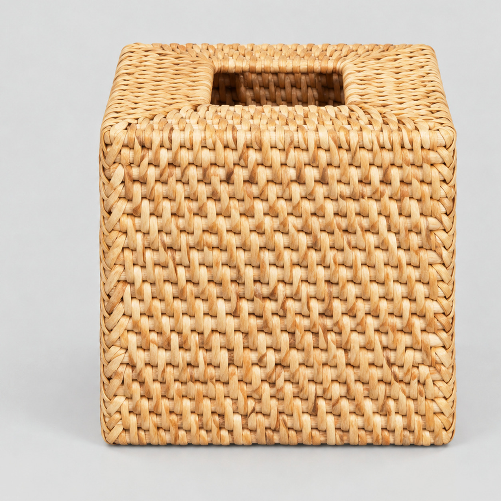Natural Rattan square woven rattan tissue box cover on a light gray studio background.