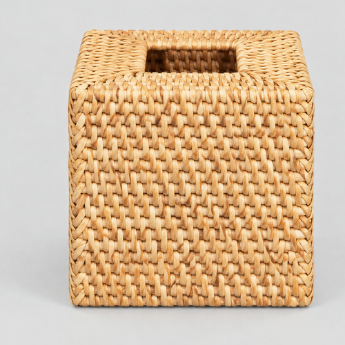 Natural Rattan square woven rattan tissue box cover on a light gray studio background.