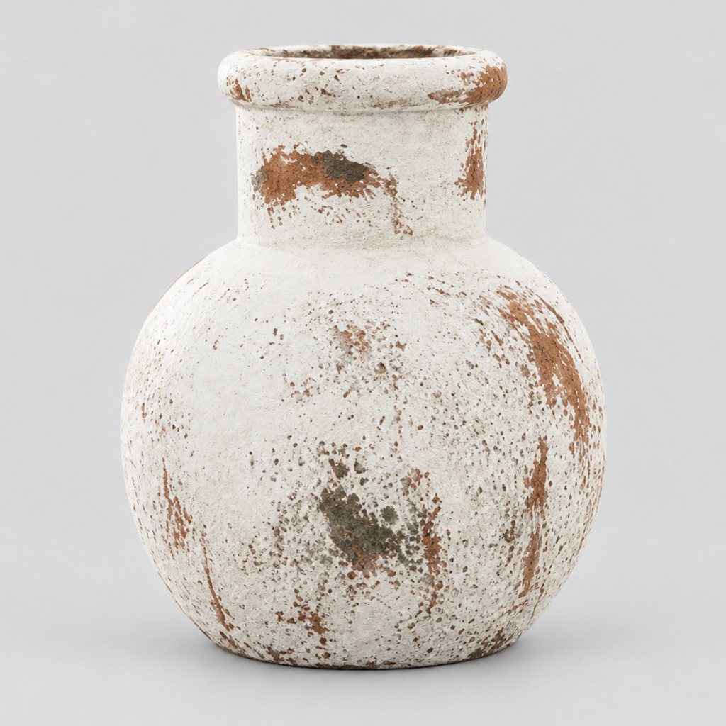 Rustic wabi-sabi ceramic vase in Distressed White on a light gray studio background.