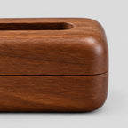 Close up of the horizontal seam between the lid and base of the rounded wooden tissue box cover in Walnut.
