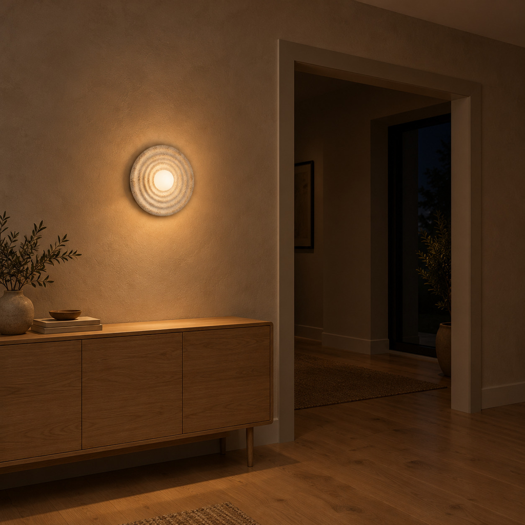 Distressed White circular concentric ripple wall sconce lit in the evening on the plaster wall of a hallway beside an 80 cm wide doorway, the only light in the room.