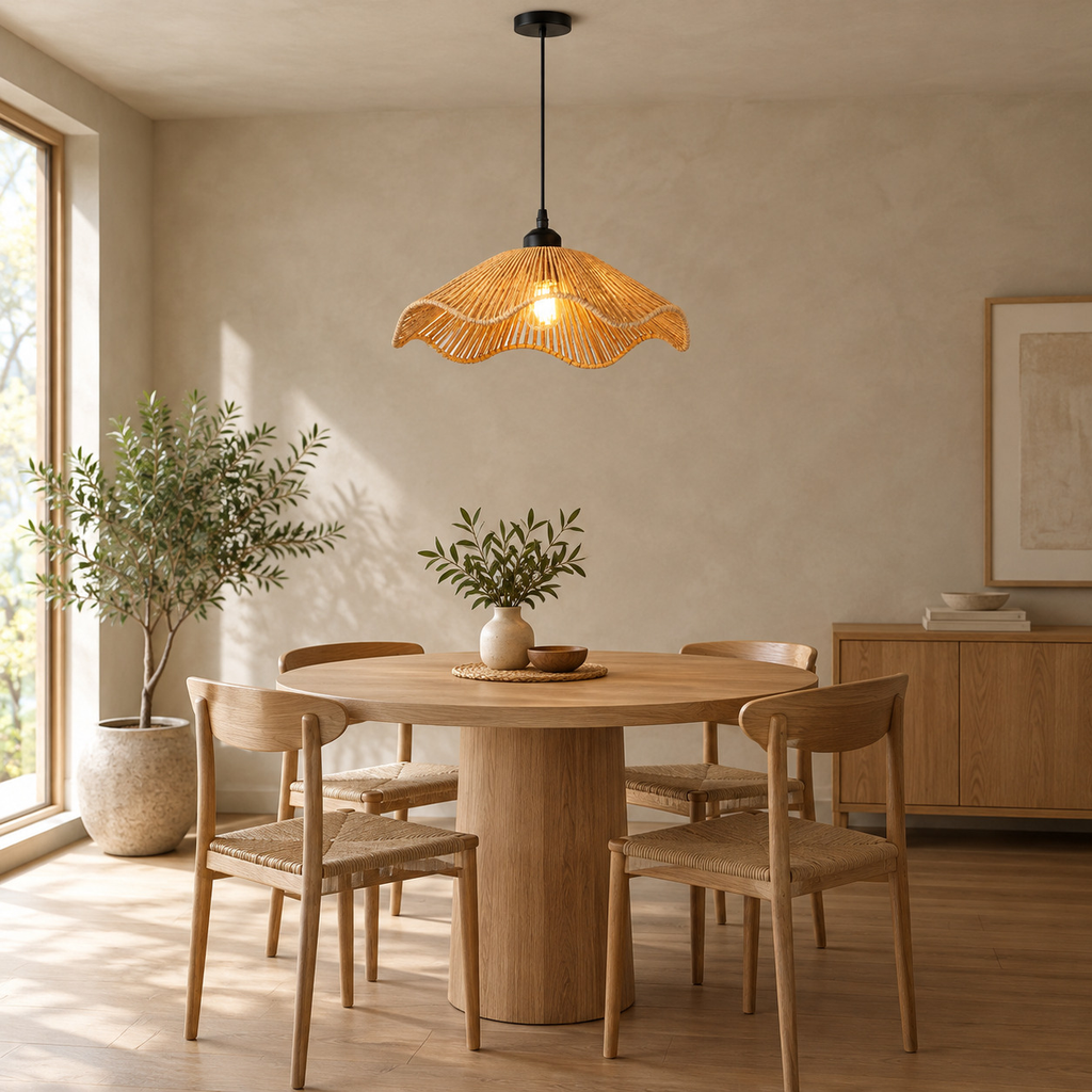 Wavy woven rattan pendant light lit hanging above a 90 cm round oak dining table against a plain wall