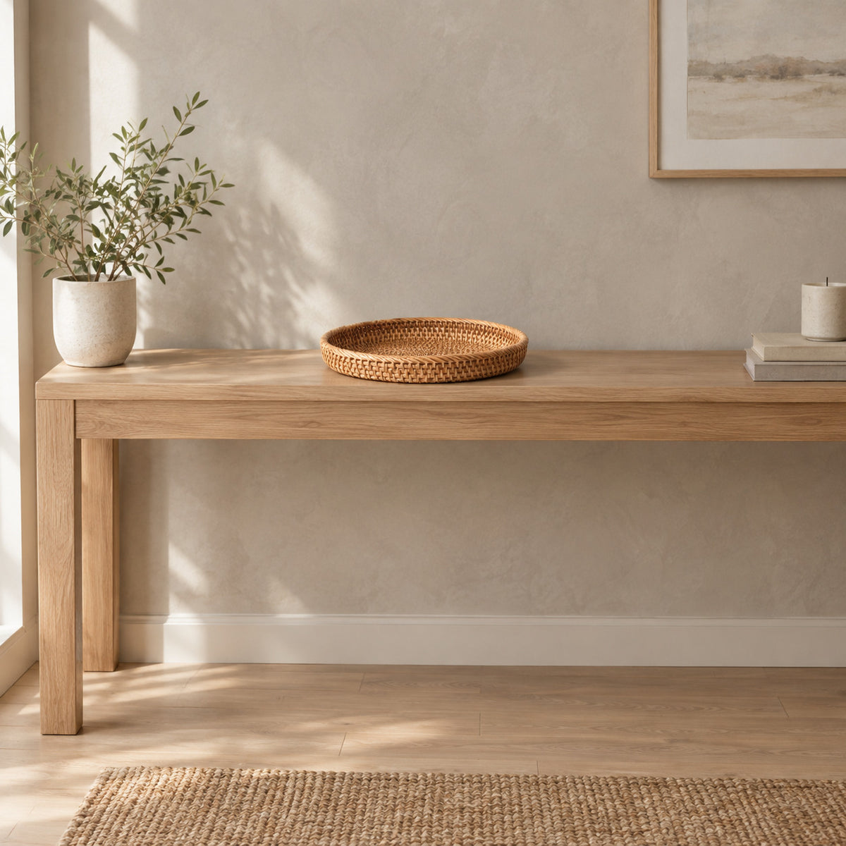 Shallow round woven rattan basket tray in Natural Rattan on a 120 cm wide oak console table in a calm room.