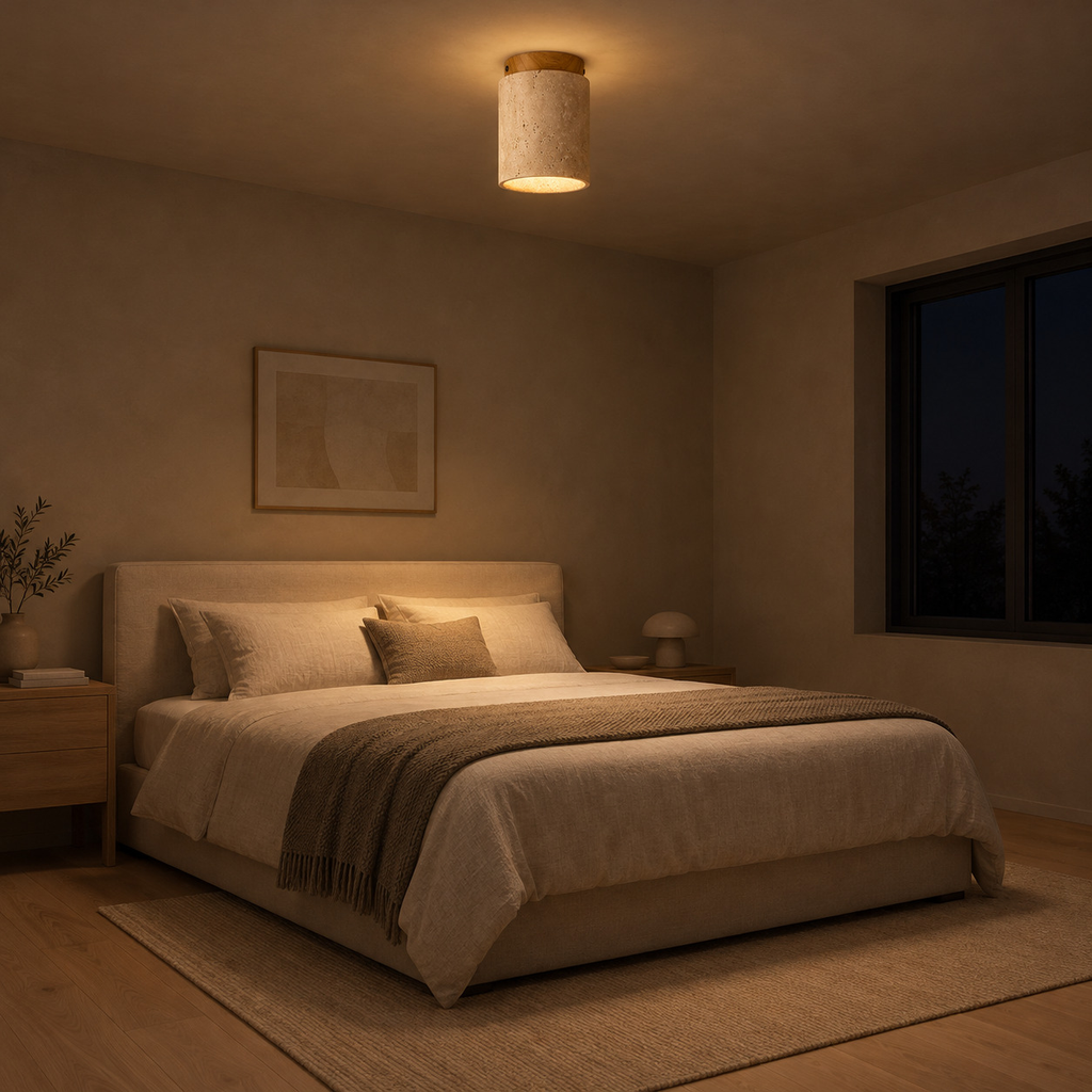 Cylindrical travertine ceiling light lit in the evening on the ceiling of a bedroom above a 160 cm wide made bed, the only light in the room.