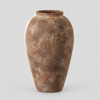 Weathered ceramic vase in Dark Brown on a light gray studio background, in its Round shape