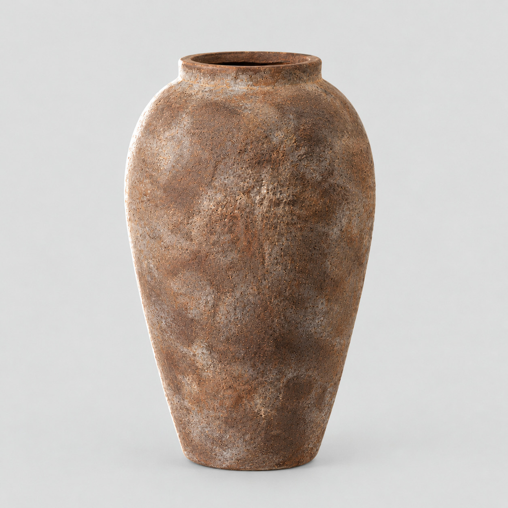 Weathered ceramic vase in Dark Brown on a light gray studio background, in its Round shape
