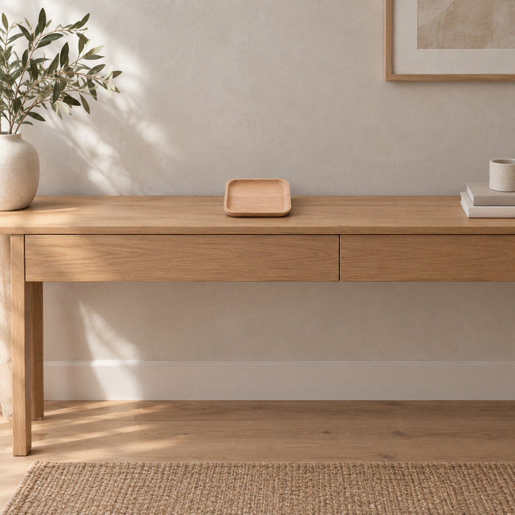 Natural beech wood rounded square serving tray on a 120 cm wide oak console table in a calm room