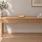 Natural beech wood rounded square serving tray on a 120 cm wide oak console table in a calm room