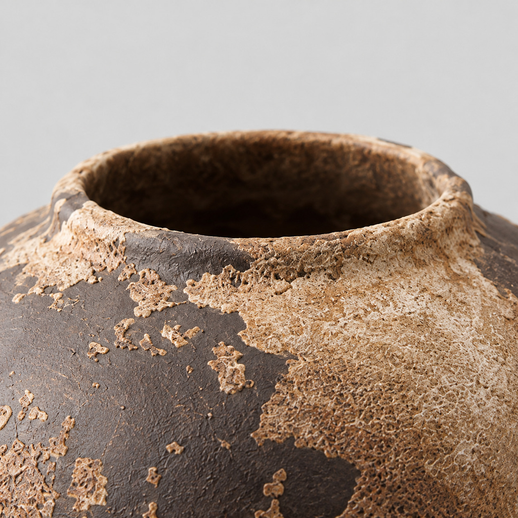Close up of the rounded rim and lip of the weathered brown ceramic vase.