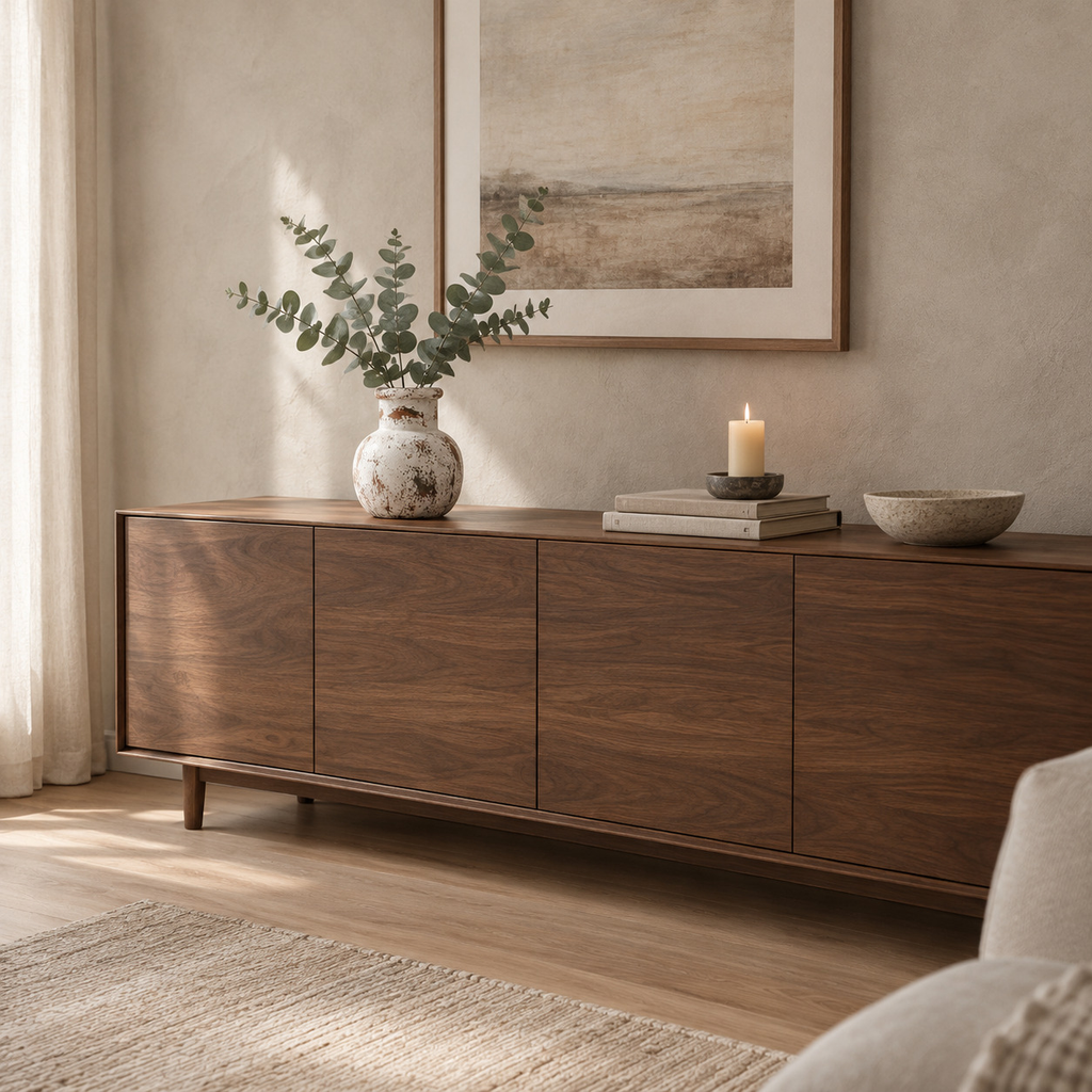 Rustic wabi-sabi ceramic vase on a 160 cm wide walnut sideboard with a bunch of eucalyptus in the vase.
