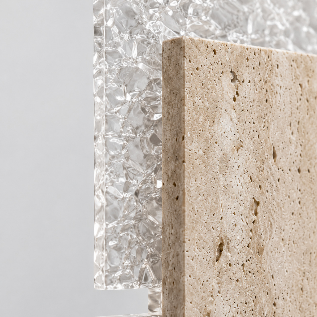 Close up of the natural yellow travertine stone face block of the yellow travertine block wall sconce in Yellow Travertine.