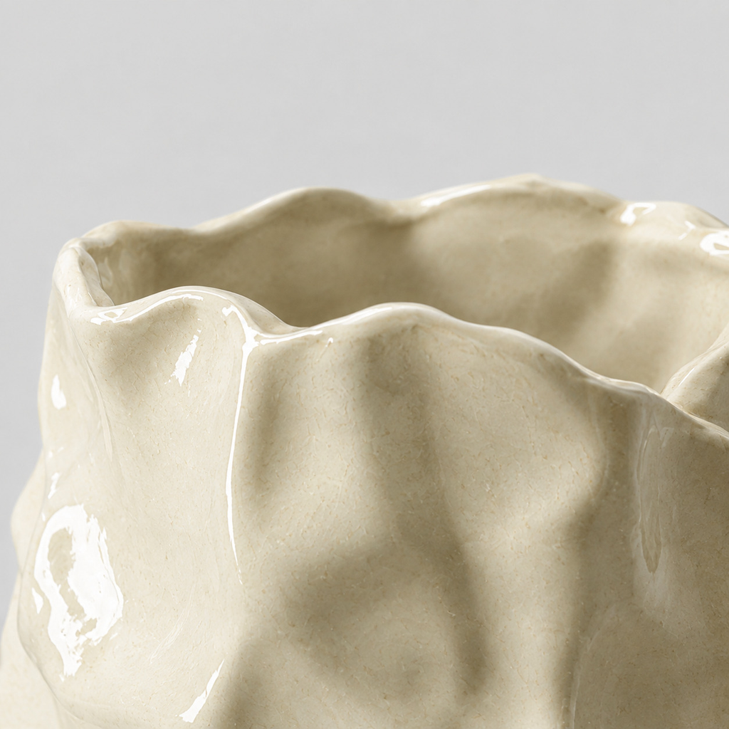 Close up of the rim or lip of the cream crinkled ceramic vase.