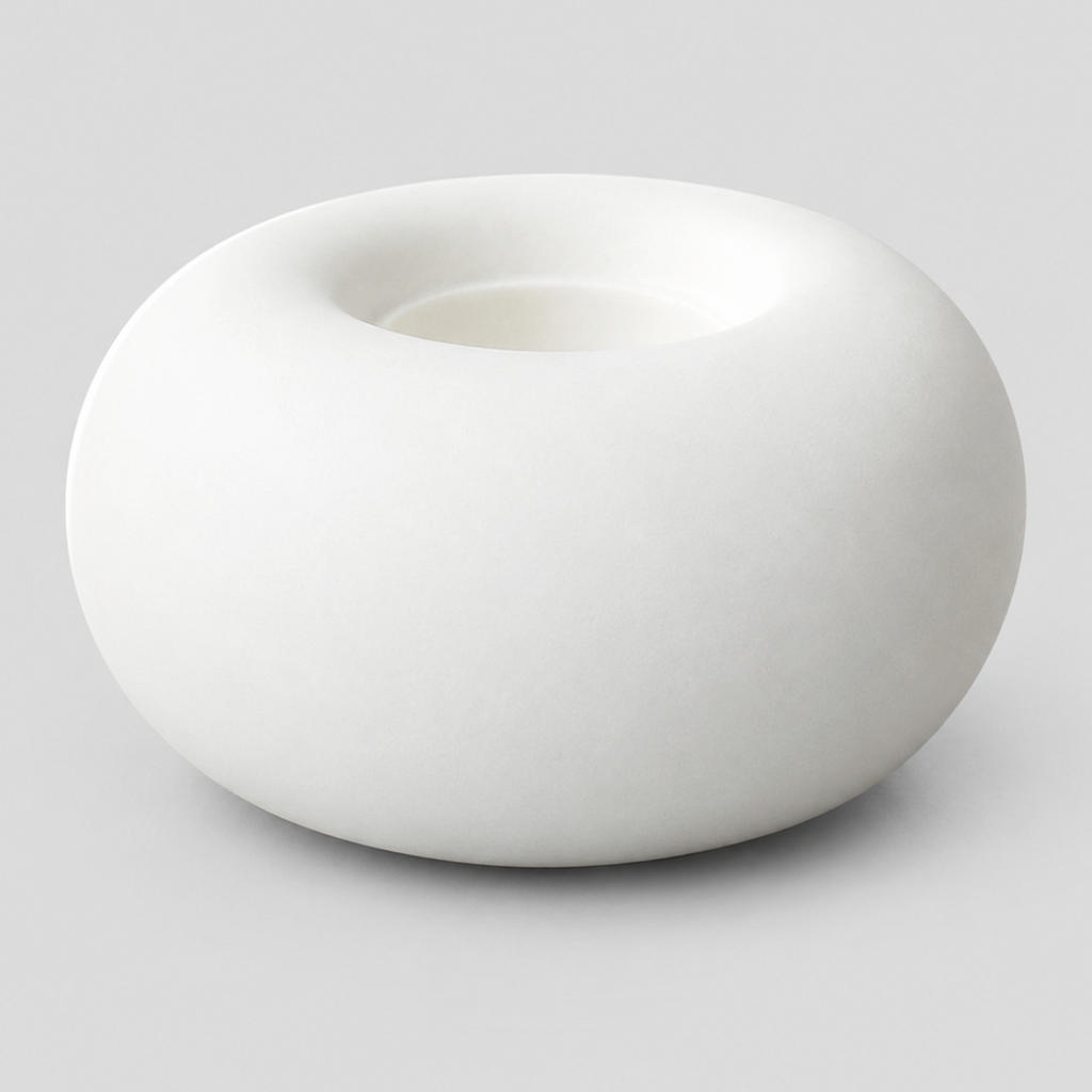 Matte White ceramic donut candle holder on a light gray studio background.